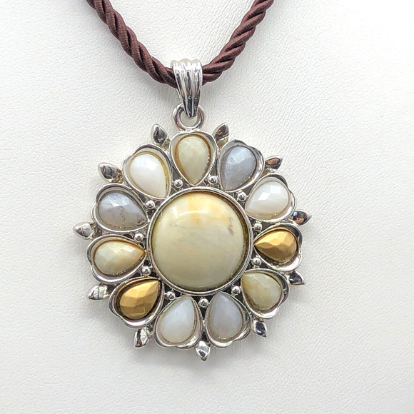 Cookie Lee Necklace Neutral Glass Stones Flower Pendant Brown Satin Cable Choker - Picture 2 of 6